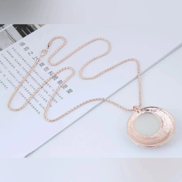 Opal and Rhinestone Embellished Round Pendant Long Style Golden Fashion Necklace - Picture 6 of 6